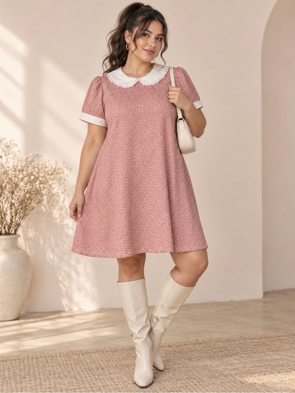 Vintage Pink Floral Uniform Dress XL Peter Pan Collar
